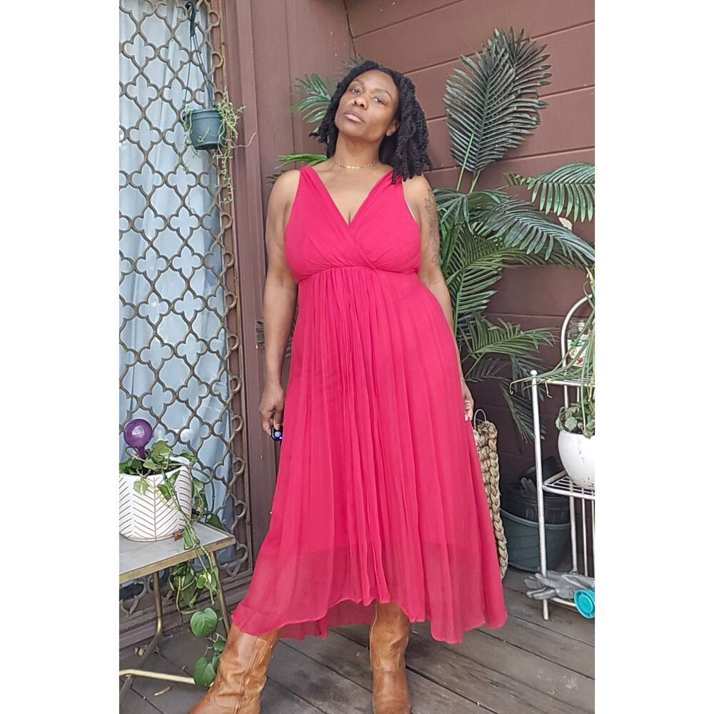 Soft Surroundings Red Babydoll Midi Dress 6 Semi-sheer Chiffon Wedding Romantic